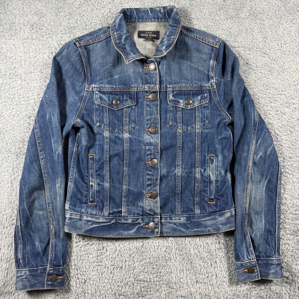 J.Crew Denim Jacket Womens Small Blue Indigo Trucker Faded Button Up Trucker